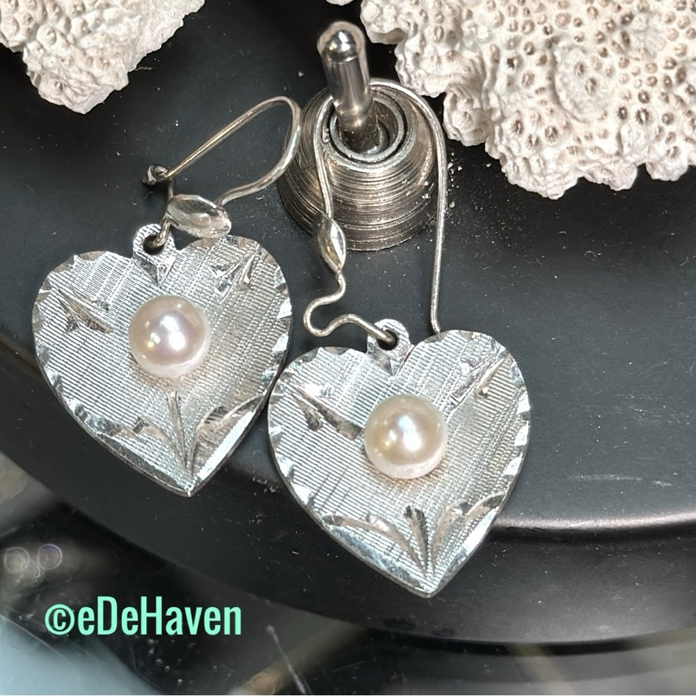 Sterling Natural Pearl Dangle Heart Earrings
